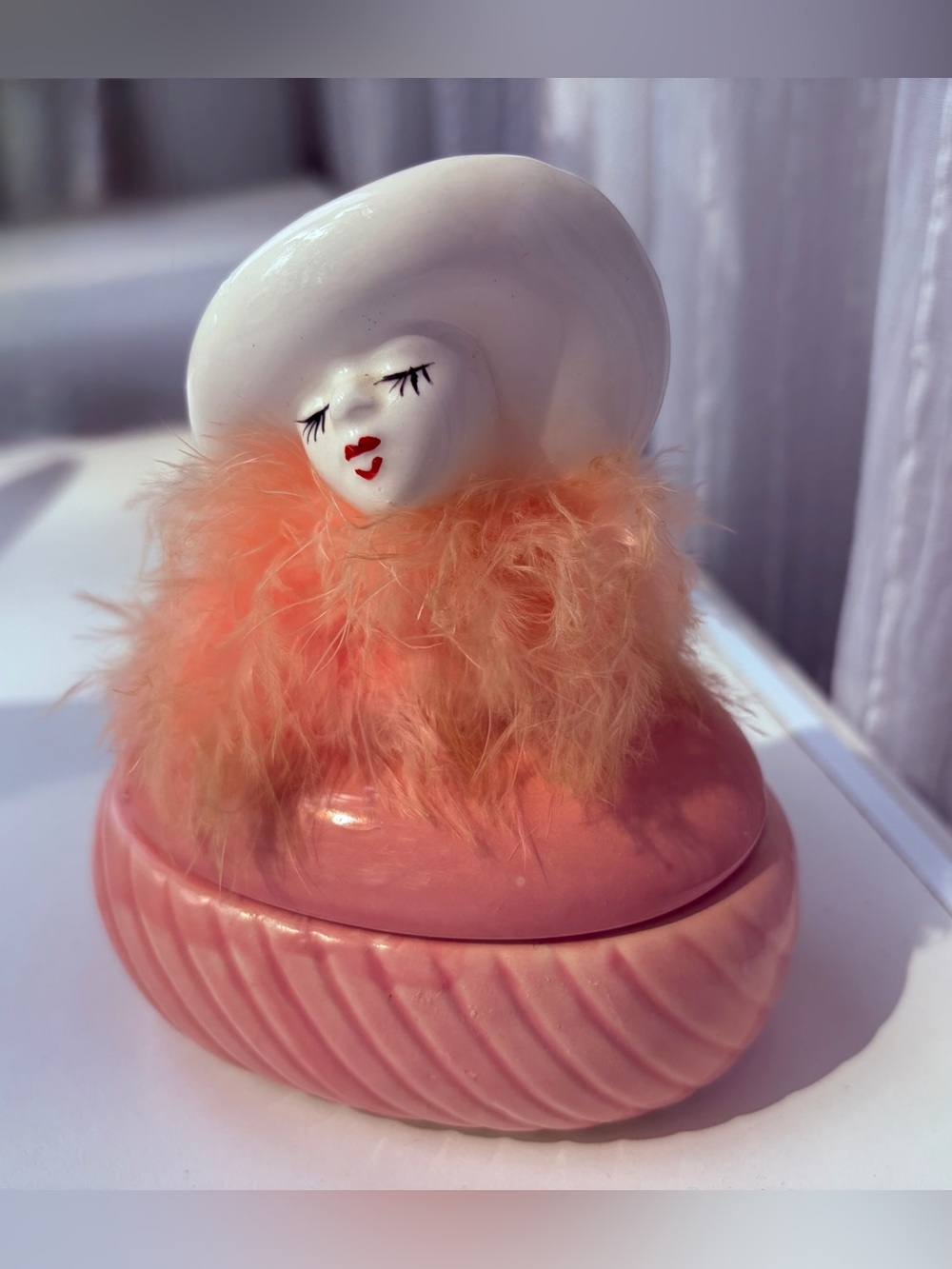 VTG Ceramic Lady Powder Jar Pink Feather Boa Trinket Jewelry Box Flapper 5"